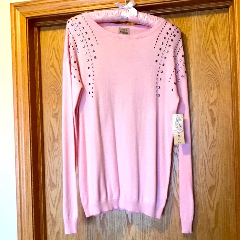 New Como Vintage studded pink embellished thin knit top shirt pullover sweater